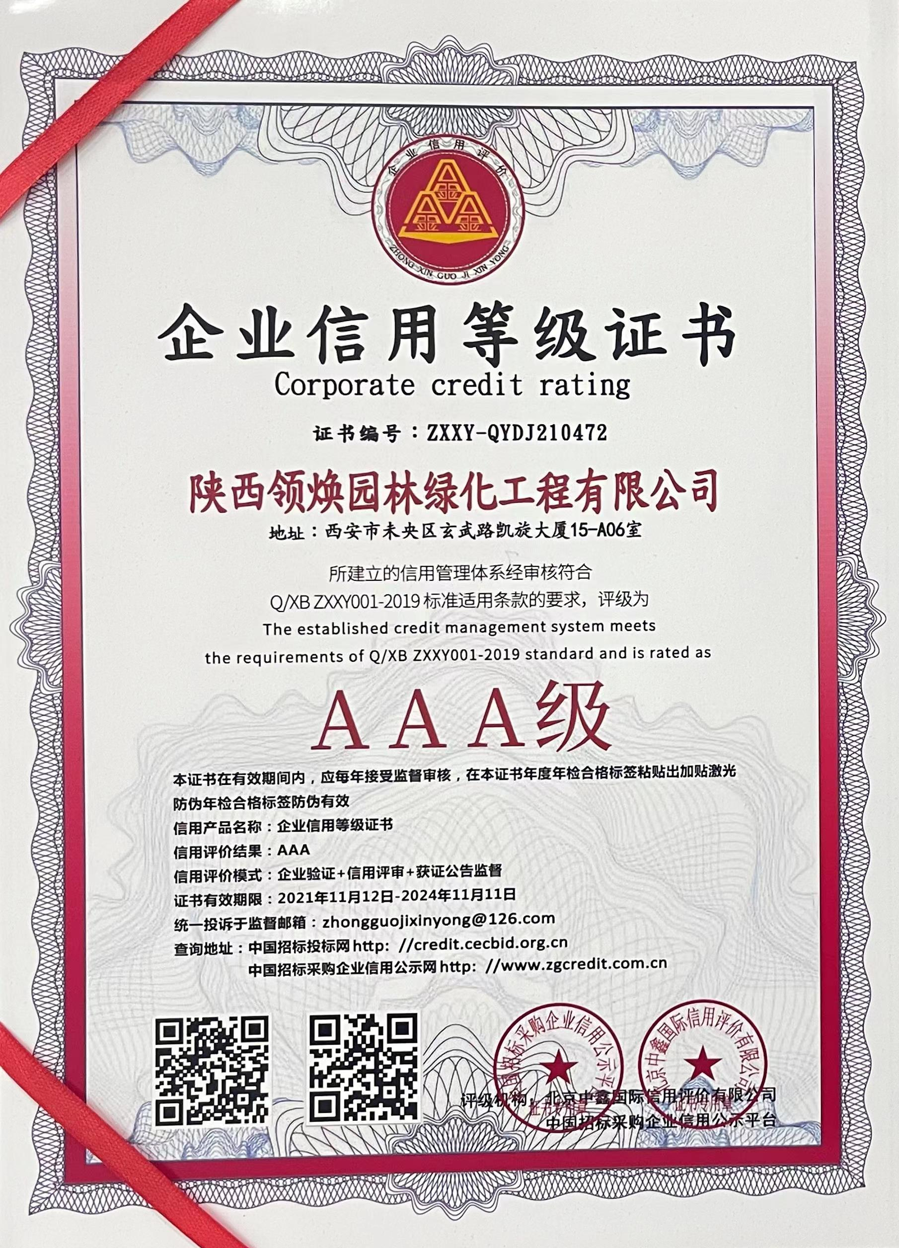 企业信用等级证书AAA级